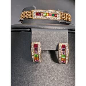 Vintage Louis Stern Rainbow Jewelry Set LS Signed Gold Tone Bracelet & Earrings